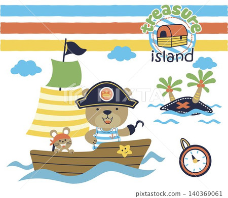 Cute bear with mice on sailboat, pirate sailing elements, vector cartoon illustration Cute bear with mice on sailboat, pirate sailing elements, vector cartoon illustration 140369061