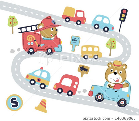 Funny bear driving car in city road, vector cartoon illustration Funny bear driving car in city road, vector cartoon illustration 140369063