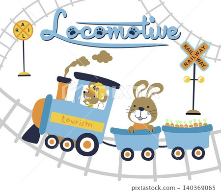 cute mouse and rabbit on steam train, vector cartoon illustration cute mouse and rabbit on steam train, vector cartoon illustration 140369065