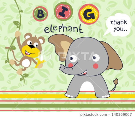 vector cartoon of funny monkey holding banana with elephant on leaves background pattern vector cartoon of funny monkey holding banana with elephant on leaves background pattern 140369067