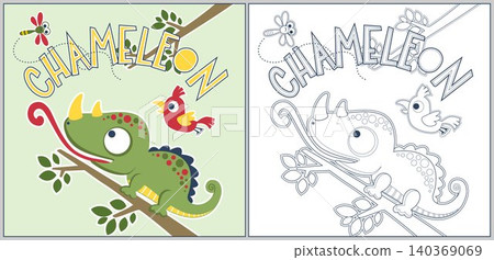 Cute chameleon on tree branch hunt dragonfly with a bird, vector cartoon, coloring page or book 140369069