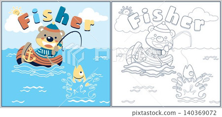 Cute bear fishing on boat, vector cartoon illustration, coloring page or book Cute bear fishing on boat, vector cartoon illustration, coloring page or book 140369072