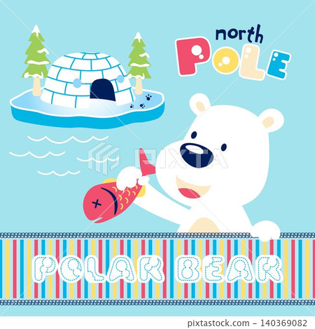 vector cartoon of cute polar bear holding fish with igloo and trees 140369082
