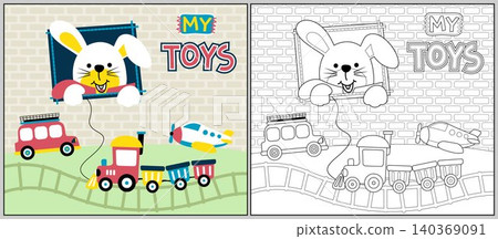 Funny rabbit cartoon with it toys, coloring book or page Funny rabbit cartoon with it toys, coloring book or page 140369091
