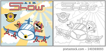 Cute bear with mouse on airplane, vector cartoon illustration, coloring book or page Cute bear with mouse on airplane, vector cartoon illustration, coloring book or page 140369093