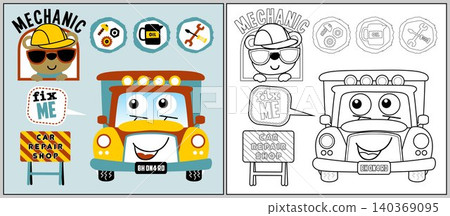 funny car with cute bear cartoon, auto repair shop element, coloring book or page funny car with cute bear cartoon, auto repair shop element, coloring book or page 140369095