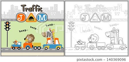 Funny animals cartoon on car in traffic jam, coloring book or page Funny animals cartoon on car in traffic jam, coloring book or page 140369096