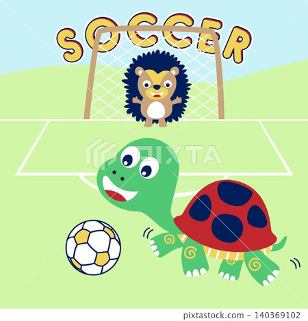 Vector cartoon of turtle with hedgehog playing soccer 140369102