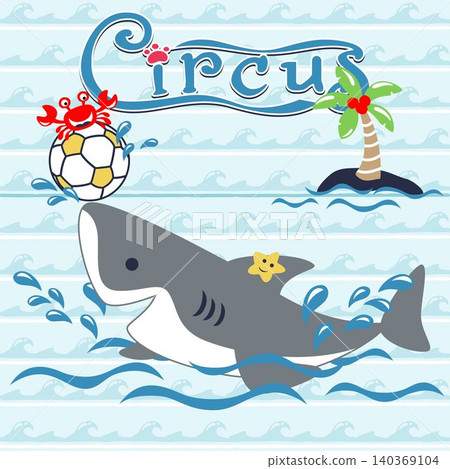 Vector cartoon of funny shark with crab and starfish playing soccer on wave background pattern 140369104