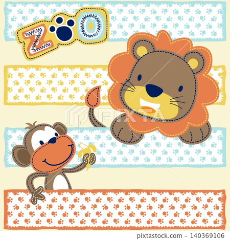 Vector cartoon of funny lion with monkey on colorful footprint background Vector cartoon of funny lion with monkey on colorful footprint background 140369106