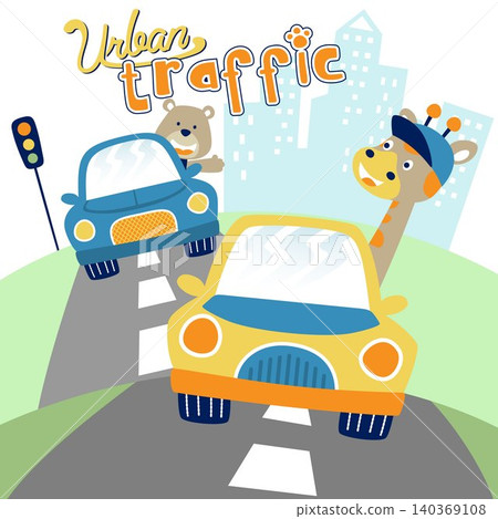 Vector illustration of funny giraffe and bear driving car in city road 140369108
