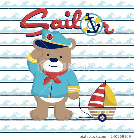 Vector cartoon illustration of cute bear in sailor costume with sailboat toy on wave background pattern 140369109