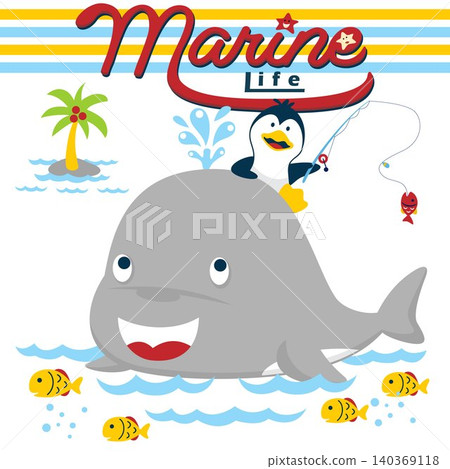 Vector cartoon of cute penguin with funny whale fishing 140369118