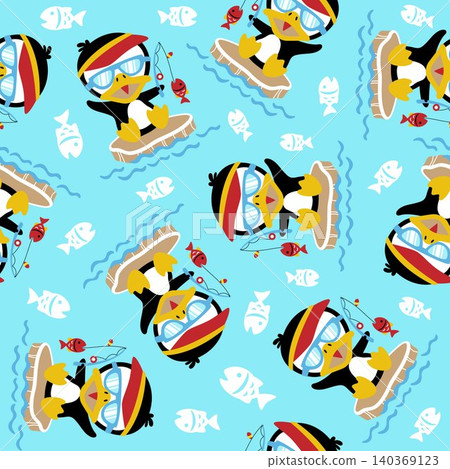 vector seamless pattern of cartoon penguin fishing 140369123