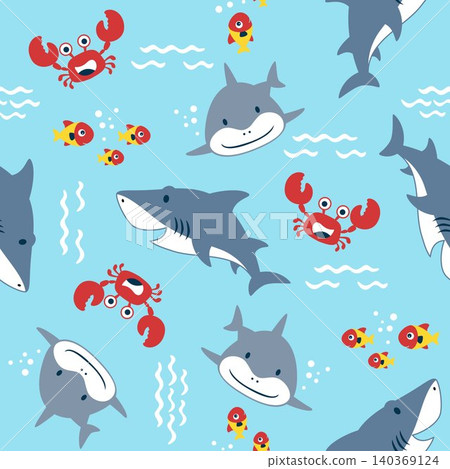 vector seamless pattern of marine animals cartoon. Funny shark with crab and fish vector seamless pattern of marine animals cartoon. Funny shark with crab and fish 140369124