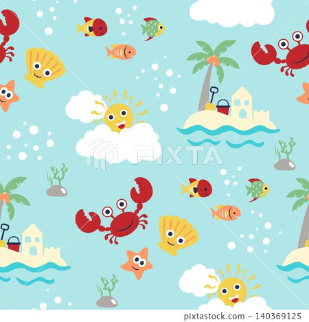 seamless pattern vector of marine animals cartoon, summer beach holiday elements seamless pattern vector of marine animals cartoon, summer beach holiday elements 140369125