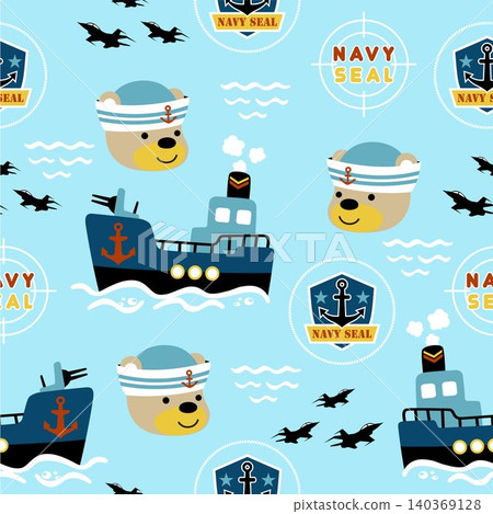 seamless pattern vector of cartoon navy seal elements with funny bear in sailor cap seamless pattern vector of cartoon navy seal elements with funny bear in sailor cap 140369128