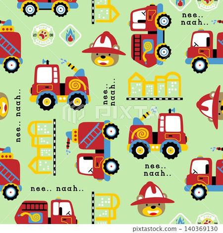 seamless pattern vector of firetruck elements with funny bear cartoon wearing fireman helmet seamless pattern vector of firetruck elements with funny bear cartoon wearing fireman helmet 140369130