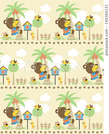 seamless pattern of bear cartoon climbing palm tree in garden with its friends seamless pattern of bear cartoon climbing palm tree in garden with its friends 140369131