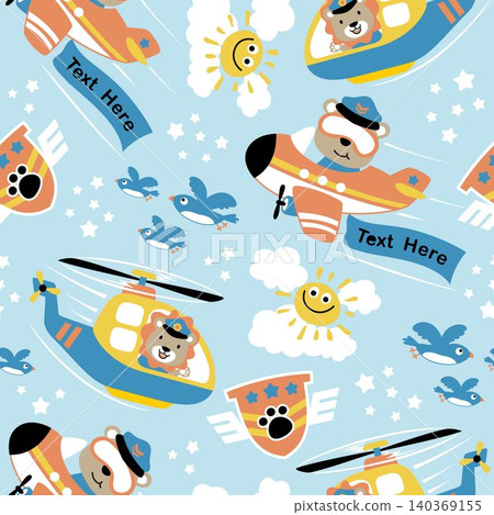 seamless pattern vector of cartoon funny animals on aircraft with birds and sky objects 140369155