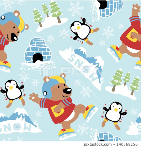 seamless pattern vector of funny bear playing ice skating with penguin skiing, cartoon winter elements 140369156