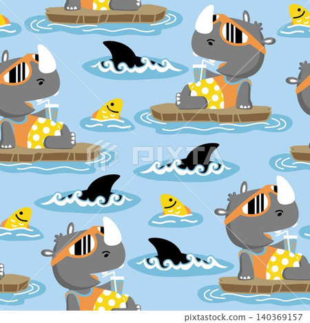 seamless pattern vector of funny rhino cartoon relaxing with fishes seamless pattern vector of funny rhino cartoon relaxing with fishes 140369157