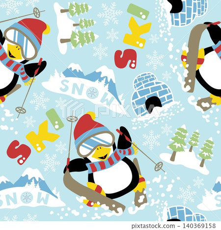 seamless pattern vector of cartoon funny penguin skiing, winter elements seamless pattern vector of cartoon funny penguin skiing, winter elements 140369158