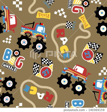 vector seamless pattern of cartoon monster truck with racing elements vector seamless pattern of cartoon monster truck with racing elements 140369159