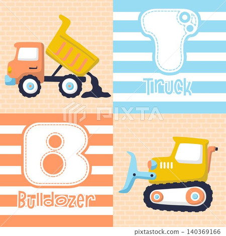 construction vehicles cartoon on bricks background with it initials letter construction vehicles cartoon on bricks background with it initials letter 140369166