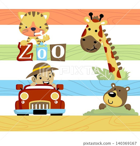 Vector cartoon of a boy driving car with cute animals on colorful striped background Vector cartoon of a boy driving car with cute animals on colorful striped background 140369167