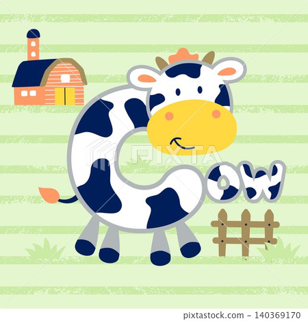 funny cow cartoon shaped C letter with barn and fence on striped background funny cow cartoon shaped C letter with barn and fence on striped background 140369170