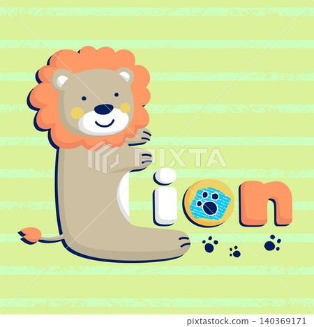 funny lion cartoon shaped L letter on striped background 140369171