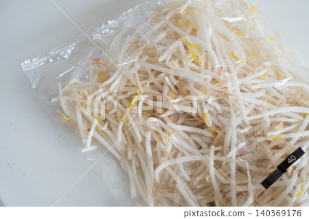 One bag of bean sprouts in a clear plastic bag One bag of bean sprouts in a clear plastic bag 140369176