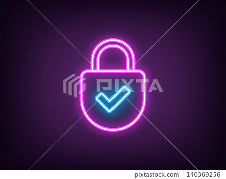 Outline neon cyber security, magenta blue. Neon digital lock with tick icon, reliable data protection. Internet security, lock with checkmark, secure information storage, safety control. Vector Outline neon cyber security, magenta blue. Neon digital lock with tick icon, reliable data protection. Internet security, lock with checkmark, secure information storage, safety control. Vector 140369256