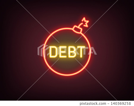 Outline neon debt bomb, red yellow. Neon bomb with text Debt and burning fuse, finance risk management. Debt loan and credit burden, default risk, financial problems, economy stress. Vector 140369258