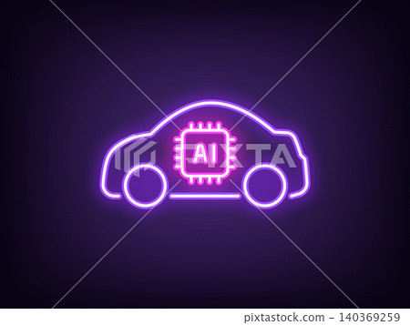 Outline neon AI car, violet magenta. Neon electric car with AI algorithms, artificial intelligence driving control system. Smart auto with autopilot system, automatic vehicle, robotaxi. Vector Outline neon AI car, violet magenta. Neon electric car with AI algorithms, artificial intelligence driving control system. Smart auto with autopilot system, automatic vehicle, robotaxi. Vector 140369259