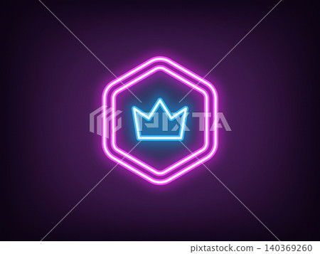 Outline neon royal token, magenta blue. Neon crypto token with crown icon. Royal crypto coin, win virtual money, game chip reward, cryptocurrency award, digital token and altcoin. Vector 140369260