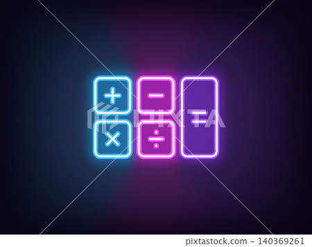 Outline neon calculator, blue magenta violet. Neon investment calculator, mortgage calculation, budget balance estimation. Finance education, maths, expense accounting, financial management. Vector 140369261