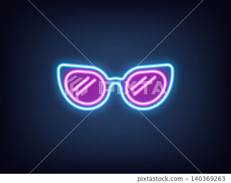 Outline neon glamour sunglasses, blue magenta. Neon summer sunglasses icon, retro style spectacles. Fashion sunglasses, party eyewear, disco style, modern eyeglass, cool glasses lens. Vector Outline neon glamour sunglasses, blue magenta. Neon summer sunglasses icon, retro style spectacles. Fashion sunglasses, party eyewear, disco style, modern eyeglass, cool glasses lens. Vector 140369263