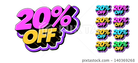 Discount 20% off, text icon set for promotion. Text 20% off in 3D style, discount offer and special sale. Bonus discount tag, isometric title 20% off for graphic design in pop art style, vector set Discount 20% off, text icon set for promotion. Text 20% off in 3D style, discount offer and special sale. Bonus discount tag, isometric title 20% off for graphic design in pop art style, vector set 140369268