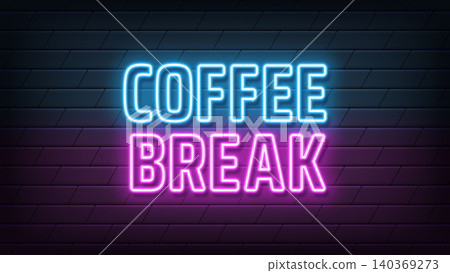 Neon text Coffee Break, blue magenta colors. Greeting cafe banner with neon phrase Coffee Break. Glowing outline text, coffee time and lunch break. Vector illustration Neon text Coffee Break, blue magenta colors. Greeting cafe banner with neon phrase Coffee Break. Glowing outline text, coffee time and lunch break. Vector illustration 140369273