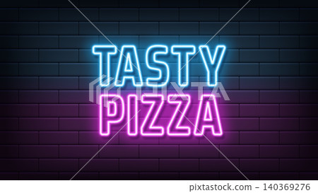 Neon text Tasty Pizza, blue magenta colors. Greeting pizzeria banner with neon phrase Tasty Pizza. Glowing outline text, pizza restaurant and fast food. Vector illustration Neon text Tasty Pizza, blue magenta colors. Greeting pizzeria banner with neon phrase Tasty Pizza. Glowing outline text, pizza restaurant and fast food. Vector illustration 140369276