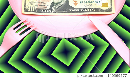 Leave a tip as thank you.Ten dollars bill,plastic dish on green rhombuses Leave a tip as thank you.Ten dollars bill,plastic dish on green rhombuses 140369277