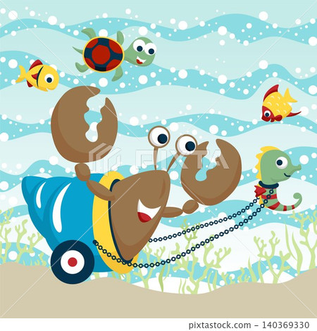 Vector illustration of cartoon marine animals, seahorse pulling hermit crab, undersea elements cartoon 140369330
