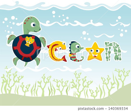 Vector illustration of marine animals cartoon form "OCEAN" word on blue water background Vector illustration of marine animals cartoon form "OCEAN" word on blue water background 140369334