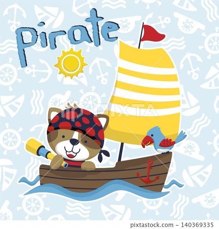 Vector illustration of cartoon cat in pirate costume with parrot on sailboat on sailing elements pattern background Vector illustration of cartoon cat in pirate costume with parrot on sailboat on sailing elements pattern background 140369335