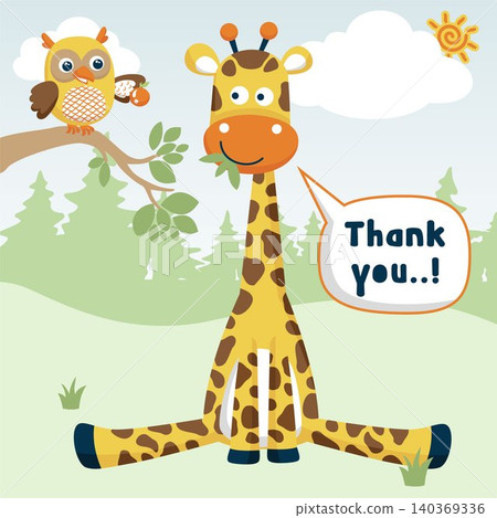 Vector illustration of cartoon animals, giraffe sitting and owl perch on tree branches on trees background Vector illustration of cartoon animals, giraffe sitting and owl perch on tree branches on trees background 140369336