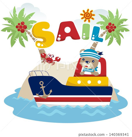 Vector illustration of cartoon bear in sailor costume on boat, little island background 140369341