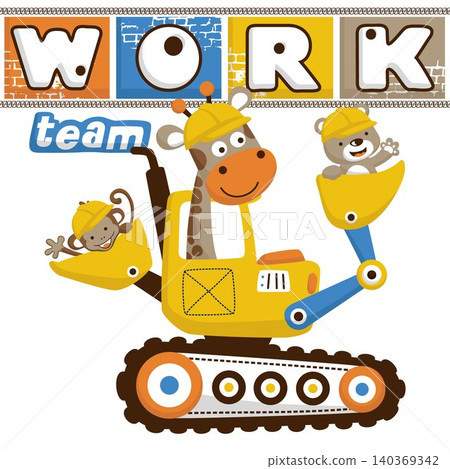Vector illustration of cartoon animals wearing worker helmet on backhoe Vector illustration of cartoon animals wearing worker helmet on backhoe 140369342