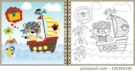 Vector cartoon of cute bear on sailboat, pirate elements cartoon, coloring book or page Vector cartoon of cute bear on sailboat, pirate elements cartoon, coloring book or page 140369346